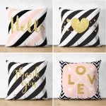 - Suet-K4luset561 - Realhomes  4'lü Çift Taraflı Beyaz Zemin Üzerinde Gold Detaylı Yazılı Modern Süet Yastık Kırlent Kılıf Seti Realhomes