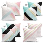 - Suet-K4luset563-1 - Realhomes 4'lü Çift Taraflı Beyaz Zemin Üzerinde Gold Detaylı Geometrik Desenli Modern Süet Yastık Kırlent Kılıf Seti Realhomes