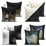 4'lü Çift Taraflı Siyah Zemin Üzerinde Gold Detaylı Modern Süet Yastık Kırlent Kılıf Seti Realhomes