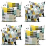 - Suet-K4luset565-1 - Realhomes 4'lü Çift Taraflı Beyaz Zemin Üzerinde Geometrik Desenli Modern Süet Yastık Kırlent Kılıf Seti Realhomes