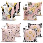 - Suet-K4luset566-1 - Realhomes 4'lü Çift Taraflı Renkli Zemin Üzerinde Gold Detaylı Yaprak Desenli Modern Süet Yastık Kırlent Kılıf Seti Realhomes