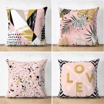 - Suet-K4luset566 - Realhomes 4'lü Çift Taraflı Renkli Zemin Üzerinde Gold Detaylı Yaprak Desenli Modern Süet Yastık Kırlent Kılıf Seti Realhomes