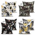 - Suet-K4luset570-1 - Realhomes 4'lü Çift Taraflı Siyah Zemin Üzerinde Gold Detaylı Yaprak Desenli Modern Süet Yastık Kırlent Kılıf Seti Realhomes