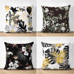 - Suet-K4luset570 - Realhomes 4'lü Çift Taraflı Siyah Zemin Üzerinde Gold Detaylı Yaprak Desenli Modern Süet Yastık Kırlent Kılıf Seti Realhomes