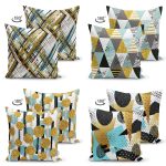 - Suet-K4luset571-1 - Realhomes  4'lü Çift Taraflı Beyaz Zemin Üzerinde Gold Detaylı Geometrik Desenli Modern Süet Yastık Kırlent Kılıf Seti Realhomes