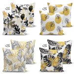 - Suet-K4luset572-1 - Realhomes  4'lü Çift Taraflı Beyaz Zemin Üzerinde Gold Detaylı Yaprak Desenli Modern Süet Yastık Kırlent Kılıf Seti Realhomes