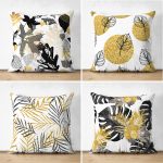 - Suet-K4luset572 - Realhomes  4'lü Çift Taraflı Beyaz Zemin Üzerinde Gold Detaylı Yaprak Desenli Modern Süet Yastık Kırlent Kılıf Seti Realhomes