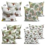 - Suet-K4luset574-1 - Realhomes  4'lü Çift Taraflı Yılbaşı Temalı Kozalak ve Yapraklı Kombin Modern Süet Yastık Kırlent Kılıfı Realhomes