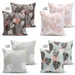 - Suet-K4luset581-1 - Realhomes 4'lü Çift Taraflı Renkli Zemin Üzerinde Yaprak Desenli Modern Süet Yastık Kırlent Kılıf Seti Realhomes