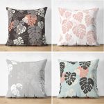 - Suet-K4luset581 - Realhomes 4'lü Çift Taraflı Renkli Zemin Üzerinde Yaprak Desenli Modern Süet Yastık Kırlent Kılıf Seti Realhomes