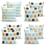 - Suet-K4luset582-1 - Realhomes  4'lü Çift Taraflı Beyaz Zemin Üzerinde Gold Detaylı Geometrik Desenli Modern Süet Yastık Kırlent Kılıf Seti Realhomes