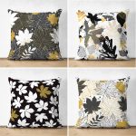 - Suet-K4luset583 - Realhomes  4'lü Çift Taraflı Renkli Zemin Üzerinde Gold Detaylı Yaprak Desenli Modern Süet Yastık Kırlent Kılıf Seti Realhomes
