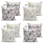 - Suet-K4luset584-1 - Realhomes 4'lü Çift Taraflı Renkli Zemin Üzerinde Yaprak Desenli Modern Süet Yastık Kırlent Kılıf Seti Realhomes