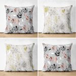 - Suet-K4luset584 - Realhomes 4'lü Çift Taraflı Renkli Zemin Üzerinde Yaprak Desenli Modern Süet Yastık Kırlent Kılıf Seti Realhomes