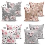 - Suet-K4luset585-1 - Realhomes  4'lü Çift Taraflı Rengarenk Zemin Üzerinde Çiçek Desenli Modern Süet Yastık Kırlent Kılıf Seti Realhomes