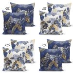 - Suet-K4luset589-1 - Realhomes  4'lü Çift Taraflı Renkli Zemin Üzerinde Gold Detaylı Yaprak Desenli Modern Süet Yastık Kırlent Kılıf Seti Realhomes