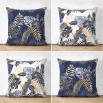 - Suet-K4luset589 - Realhomes  4'lü Çift Taraflı Renkli Zemin Üzerinde Gold Detaylı Yaprak Desenli Modern Süet Yastık Kırlent Kılıf Seti Realhomes