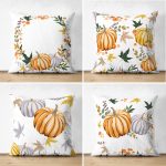 - Suet-K4luset590 - Realhomes 4'lü Çift Taraflı Kabak Desen Dijital Baskılı Modern Süet Yastık Kırlent Kılıfı Realhomes