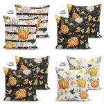 - Suet-K4luset591-1 - Realhomes  4'lü Çift Taraflı Kabak Motifli Dijital Baskılı Dekoratif Süet Yastık Kırlent Kılıfı Realhomes