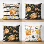- Suet-K4luset591 - Realhomes  4'lü Çift Taraflı Kabak Motifli Dijital Baskılı Dekoratif Süet Yastık Kırlent Kılıfı Realhomes
