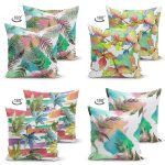 - Suet-K4luset592-1 - Realhomes  4'lü Çift Taraflı Beyaz Zemin Üzerinde Renkli Yaprak Desenli Modern Süet Yastık Kırlent Kılıf Seti Realhomes