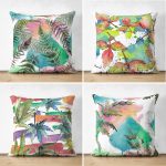 - Suet-K4luset592 - Realhomes  4'lü Çift Taraflı Beyaz Zemin Üzerinde Renkli Yaprak Desenli Modern Süet Yastık Kırlent Kılıf Seti Realhomes