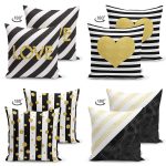 - Suet-K4luset593-1 - Realhomes 4'lü Çift Taraflı Beyaz Zemin Üzerinde Gold Detaylı Geometrik Desenli Modern Süet Yastık Kırlent Kılıf Seti Realhomes