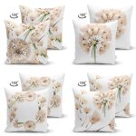 - Suet-K4luset594-1 - Realhomes 4'lü Çift Taraflı Beyaz Zemin Üzerinde Çiçek Desenli Modern Süet Yastık Kırlent Kılıf Seti Realhomes