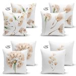 - Suet-K4luset595-1 - Realhomes  4'lü Çift Taraflı Beyaz Zemin Üzerinde Çiçek Desenli Modern Süet Yastık Kırlent Kılıf Seti Realhomes