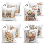 - Suet-K4luset596-1 - Realhomes  4'lü Çift Taraflı Sepetli Kabak Konsept Dijital Baskılı Modern Süet Yastık Kırlent Kılıfı Realhomes