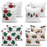 - Suet-K4luset599-1 - Realhomes 4'lü Çift Taraflı Ekose Temalı Çanlar ve Çam Ağacı Yılbaşı Kombin Modern Süet Yastık Kırlent Kılıfı Realhomes
