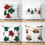 - Suet-K4luset599 - Realhomes 4'lü Çift Taraflı Ekose Temalı Çanlar ve Çam Ağacı Yılbaşı Kombin Modern Süet Yastık Kırlent Kılıfı Realhomes
