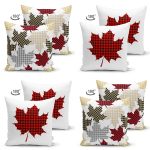 - Suet-K4luset601-1 - Realhomes 4'lü Çift Taraflı Yaprak Tasarımlı Ekoseli Yılbaşı Konsept Modern Süet Yastık Kırlent Kılıfı Realhomes