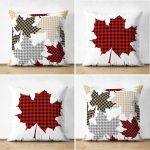 - Suet-K4luset601 - Realhomes 4'lü Çift Taraflı Yaprak Tasarımlı Ekoseli Yılbaşı Konsept Modern Süet Yastık Kırlent Kılıfı Realhomes