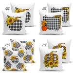 - Suet-K4luset602-1 - Realhomes 4'lü Çift Taraflı Siyah Beyaz Ekoseli Kabak Motifli Özel Tasarım Kombin Süet Yastık Kırlent Kılıfı Realhomes