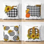 - Suet-K4luset602 - Realhomes 4'lü Çift Taraflı Siyah Beyaz Ekoseli Kabak Motifli Özel Tasarım Kombin Süet Yastık Kırlent Kılıfı Realhomes