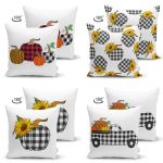 - Suet-K4luset603-1 - Realhomes 4'lü Çift Taraflı Ekoseli Kabak Desenli Dijital Baskılı Kombin Süet Yastık Kırlent Kılıfı Realhomes