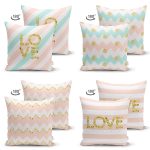 - Suet-K4luset604-1 - Realhomes 4'lü Çift Taraflı Beyaz Zemin Üzerinde Gold Detay Love Yazılı Modern Süet Yastık Kırlent Kılıf Seti Realhomes