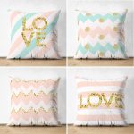 - Suet-K4luset604 - Realhomes 4'lü Çift Taraflı Beyaz Zemin Üzerinde Gold Detay Love Yazılı Modern Süet Yastık Kırlent Kılıf Seti Realhomes