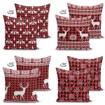 4'lü Çift Taraflı Yılbaşı Özel Tasarım Ekose Zeminli Geyik ve Kar Taneli Kombin Süet Kırlent Kılıfı Realhomes