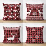 4'lü Çift Taraflı Yılbaşı Özel Tasarım Ekose Zeminli Geyik ve Kar Taneli Kombin Süet Kırlent Kılıfı Realhomes