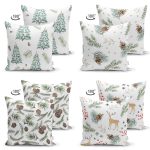 - Suet-K4luset608-1 - Realhomes  4'lü Çift Taraflı Beyaz Zemin Üzerinde Kozalak Desenli Modern Süet Yastık Kırlent Kılıf Seti Realhomes