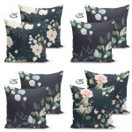 - Suet-K4luset610-1 - Realhomes 4'lü Çift Taraflı Siyah Zemin Üzerinde Çiçek Desenli Modern Süet Yastık Kırlent Kılıf Seti Realhomes
