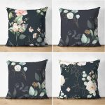 - Suet-K4luset610 - Realhomes 4'lü Çift Taraflı Siyah Zemin Üzerinde Çiçek Desenli Modern Süet Yastık Kırlent Kılıf Seti Realhomes