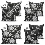 - Suet-K4luset611-1 - Realhomes  4'lü Çift Taraflı Siyah Zemin Üzerinde Çiçek Desenli Modern Süet Yastık Kırlent Kılıf Seti Realhomes