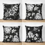 - Suet-K4luset611 - Realhomes  4'lü Çift Taraflı Siyah Zemin Üzerinde Çiçek Desenli Modern Süet Yastık Kırlent Kılıf Seti Realhomes