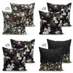 4'lü Çift Taraflı Siyah Zemin Üzerinde Çiçek Desenli Modern Süet Yastık Kırlent Kılıf Seti Realhomes