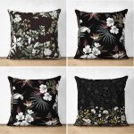 4'lü Çift Taraflı Siyah Zemin Üzerinde Çiçek Desenli Modern Süet Yastık Kırlent Kılıf Seti Realhomes