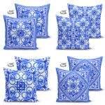 - Suet-K4luset613-1 - Realhomes 4'lü Çift Taraflı Beyaz Zemin Üzerinde Çini Desenli Modern Süet Yastık Kırlent Kılıf Seti Realhomes