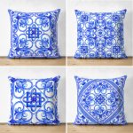 - Suet-K4luset613 - Realhomes 4'lü Çift Taraflı Beyaz Zemin Üzerinde Çini Desenli Modern Süet Yastık Kırlent Kılıf Seti Realhomes